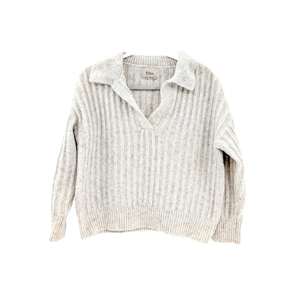 Elie Tahari Cream Knit Collared V-Neck Sweater Size XS-M